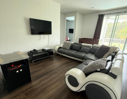 Living room with TV, sofa, and arcade machine