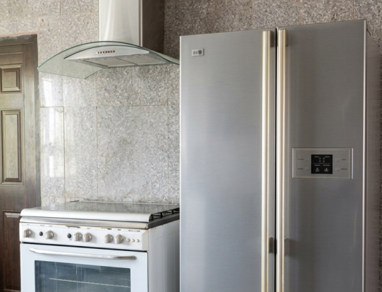 Kitchen with stainless steel appliances